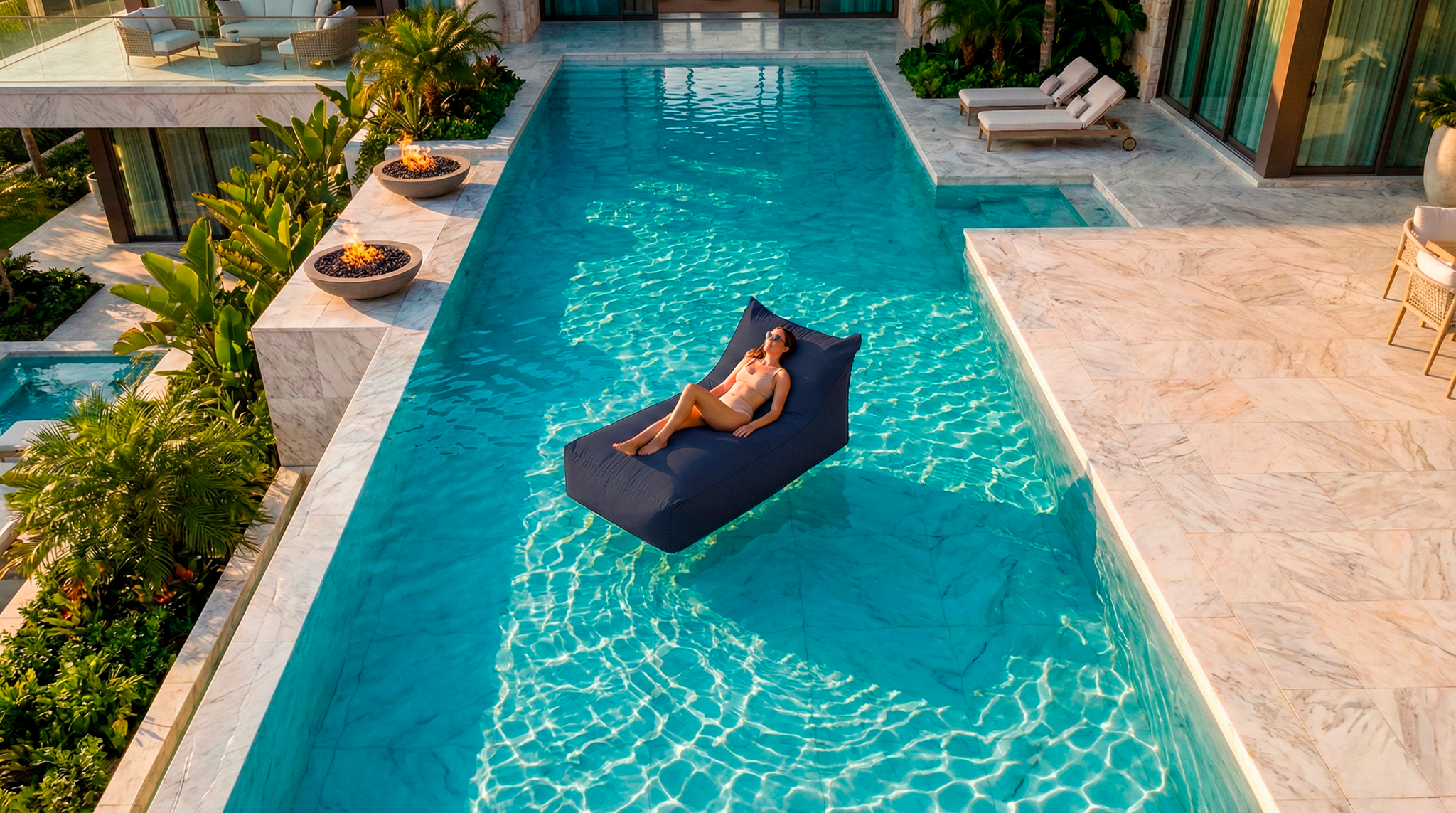Person lounging on a blue inflatable chair in a pool with a scenic background