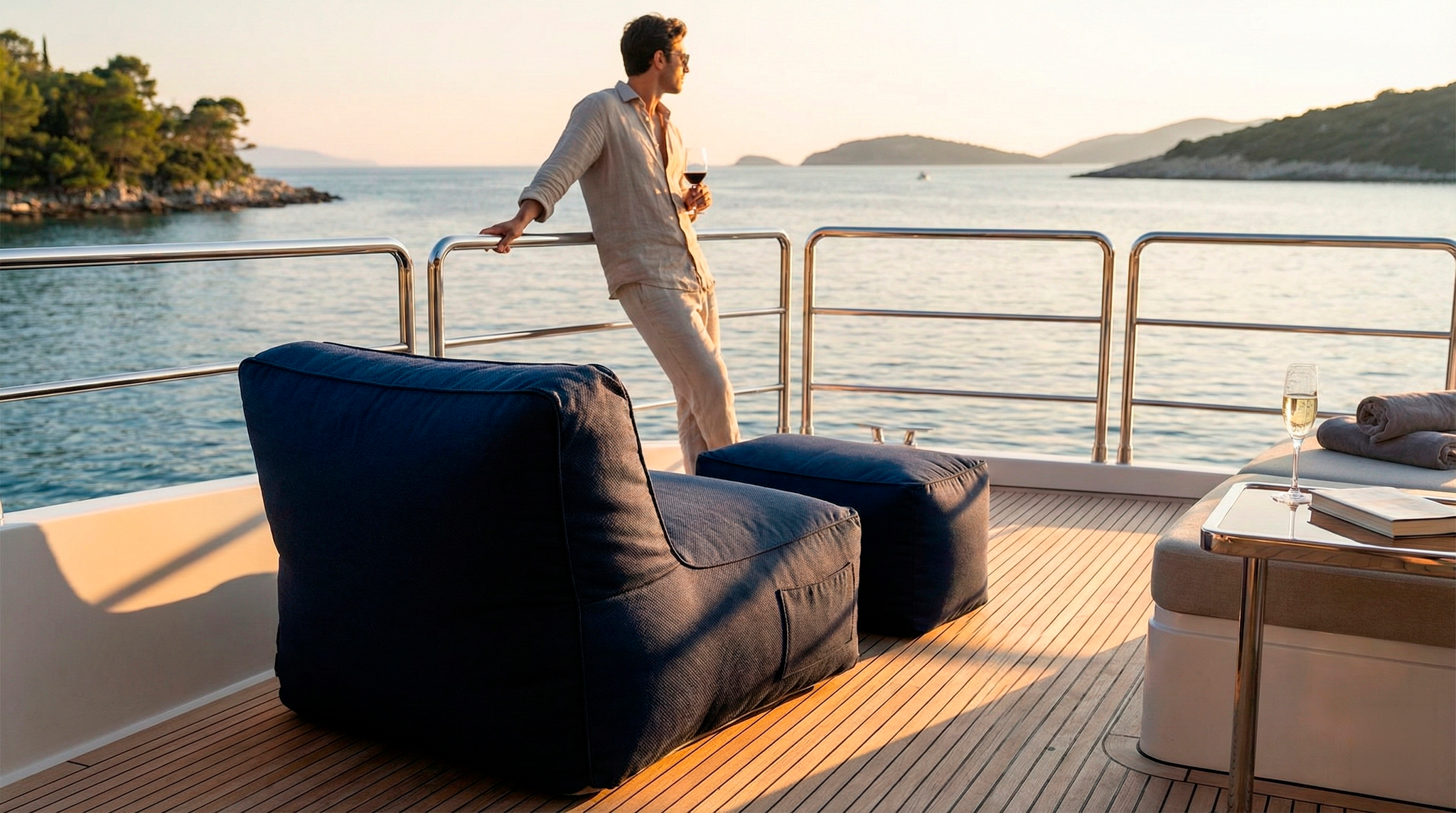 Man standing on a yacht deck with ocean view