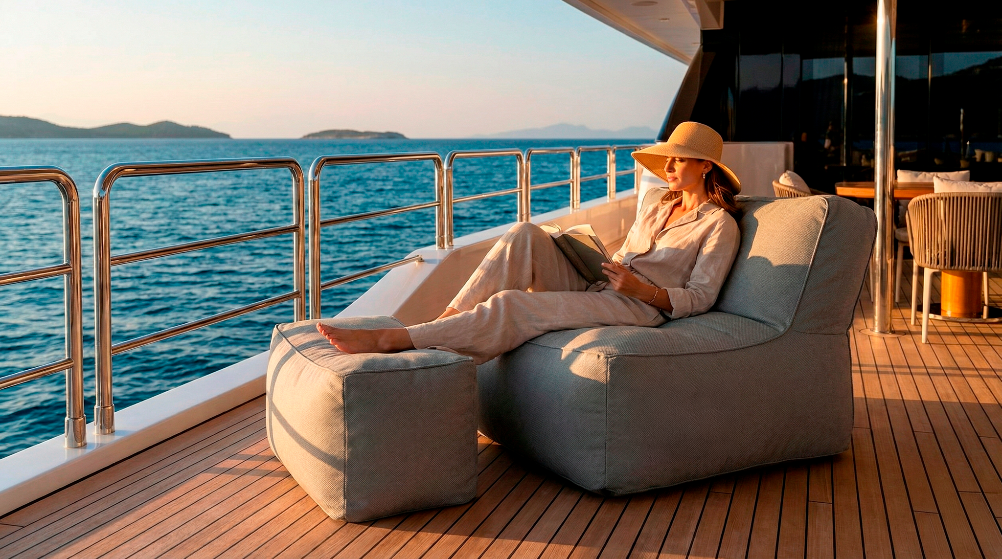 Woman relaxing on a yacht deck with ocean view
