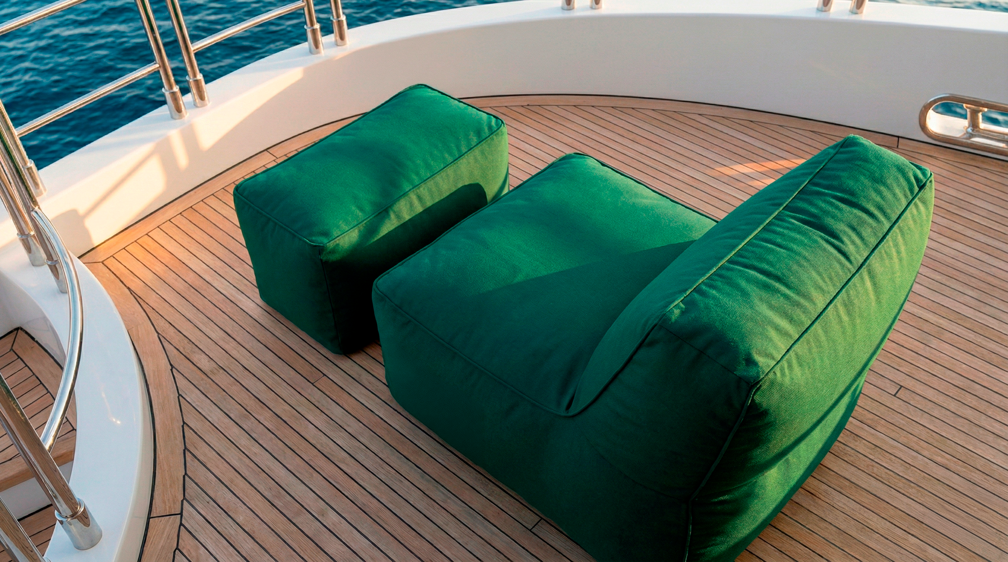Green outdoor furniture on a wooden deck with water in the background