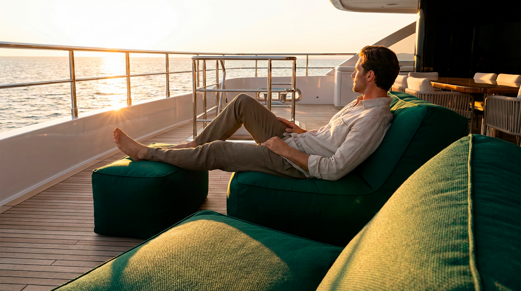 Man sitting on a green sofa on a yacht deck with sunset in the background