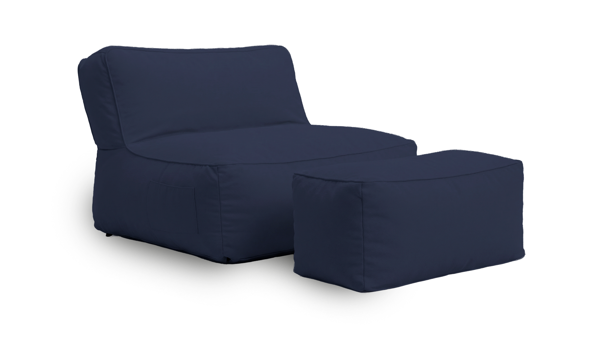 Navy blue bean bag chair and ottoman on a white background