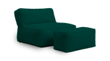 Green bean bag chair and ottoman on a white background