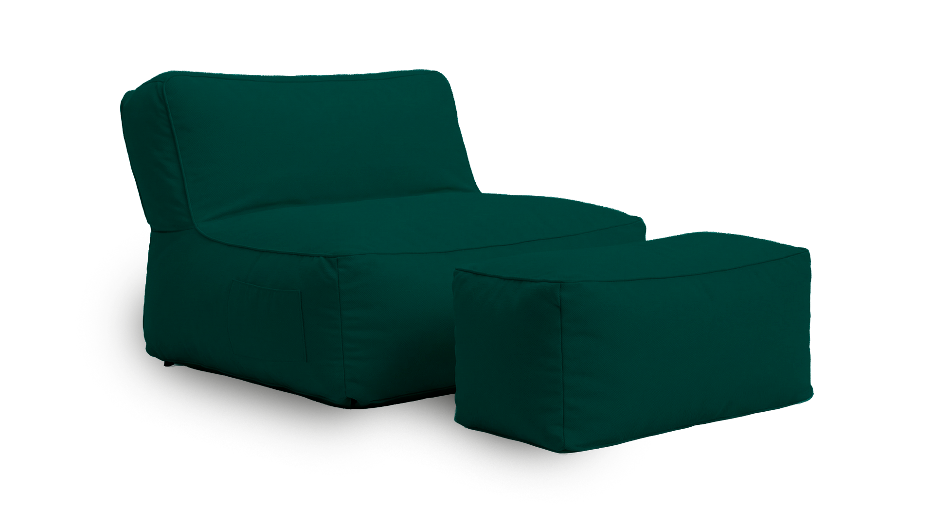 Green bean bag chair and ottoman on a white background