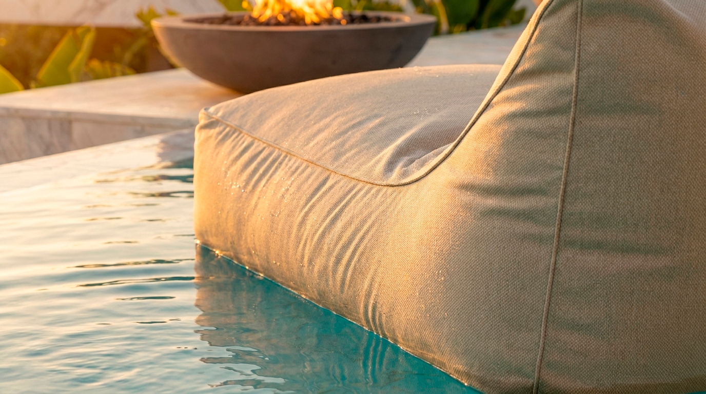 Beige outdoor sofa by a pool with a fire pit in the background