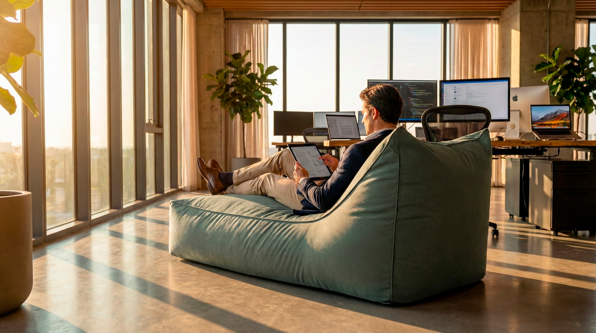 Person sitting on a bean bag chair in a modern office with large windows and multiple computer monitors.