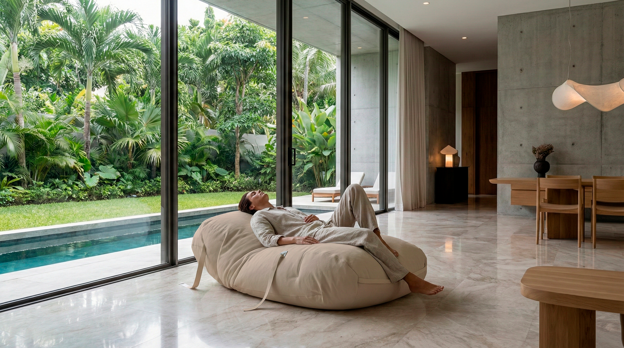 Person lying on a large beige bean bag chair in a modern living room with a view of a pool and garden.