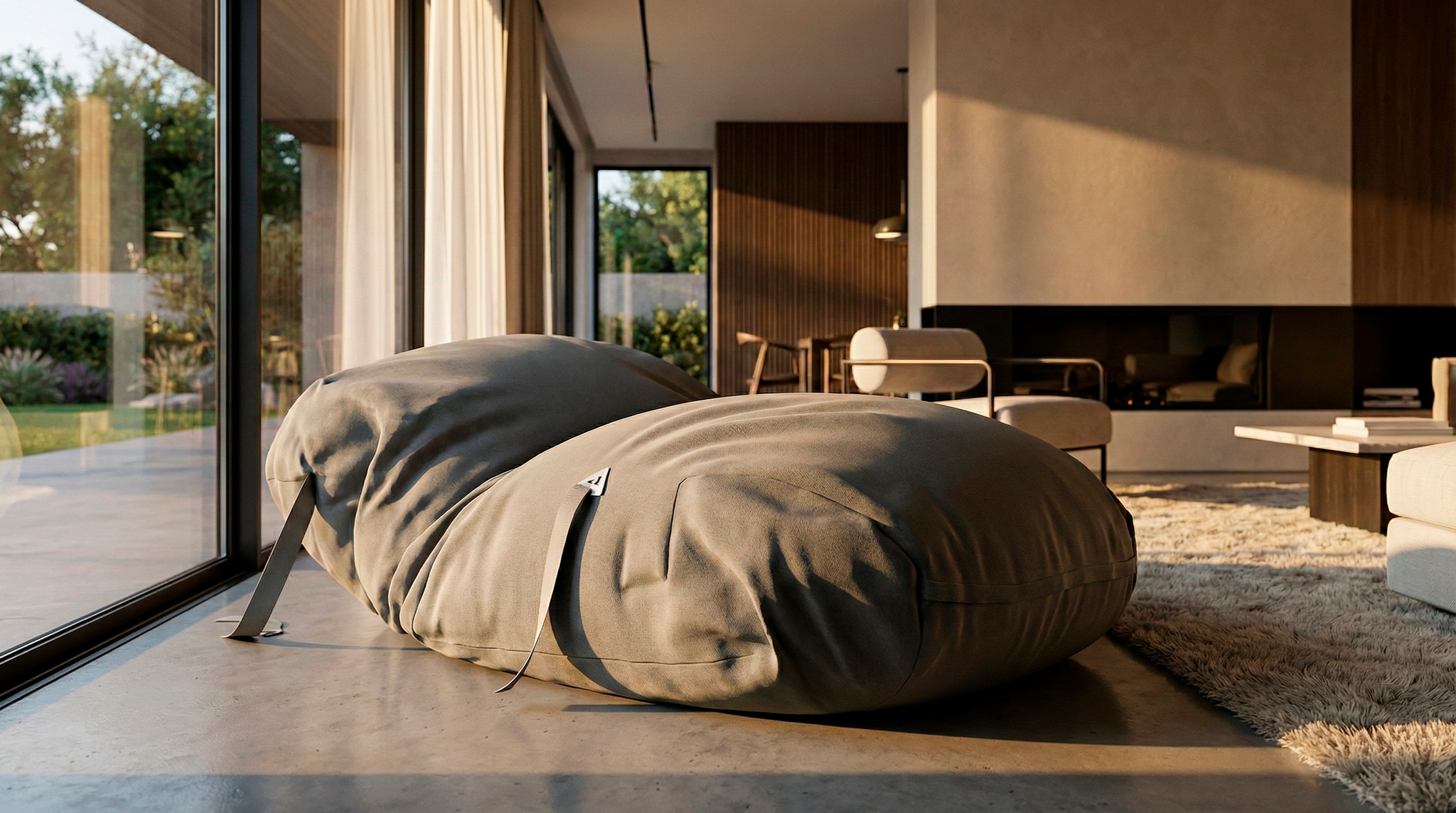Large brown pouf in a modern living room with large windows and furniture.