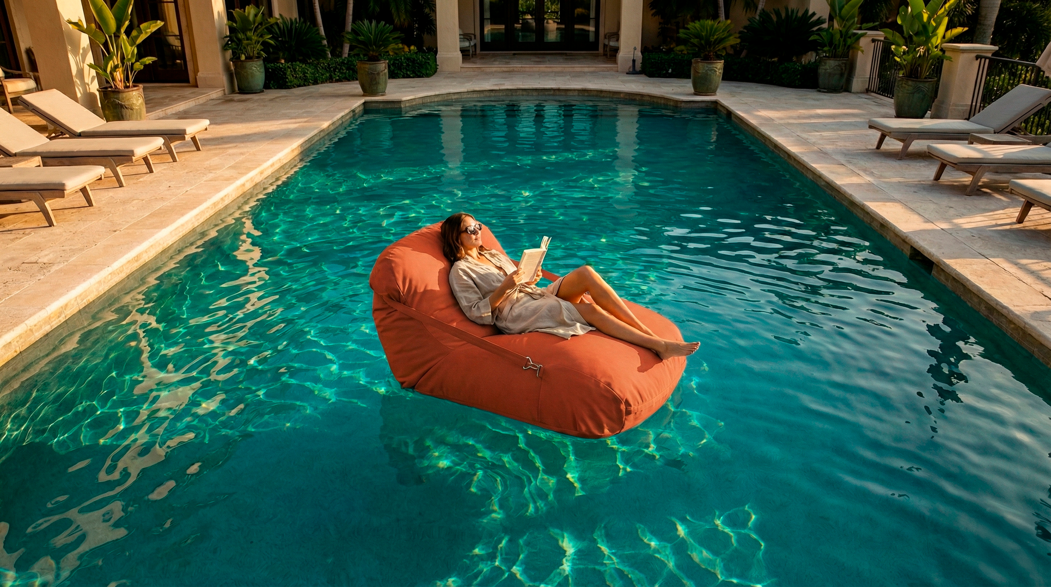 Person lounging on an orange bean bag in a pool
