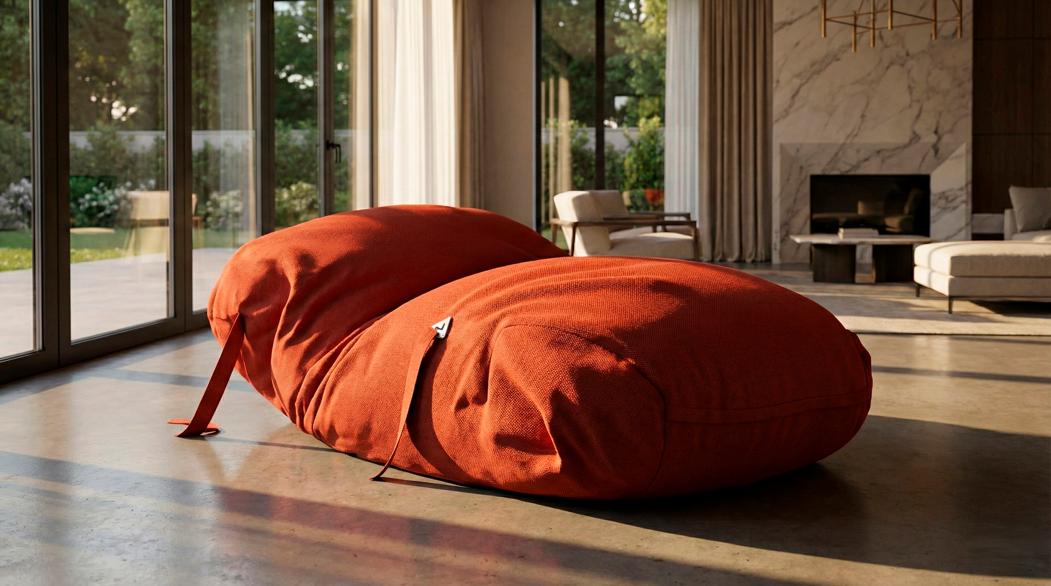 Red bean bag chair in a modern living room with large windows and a fireplace.