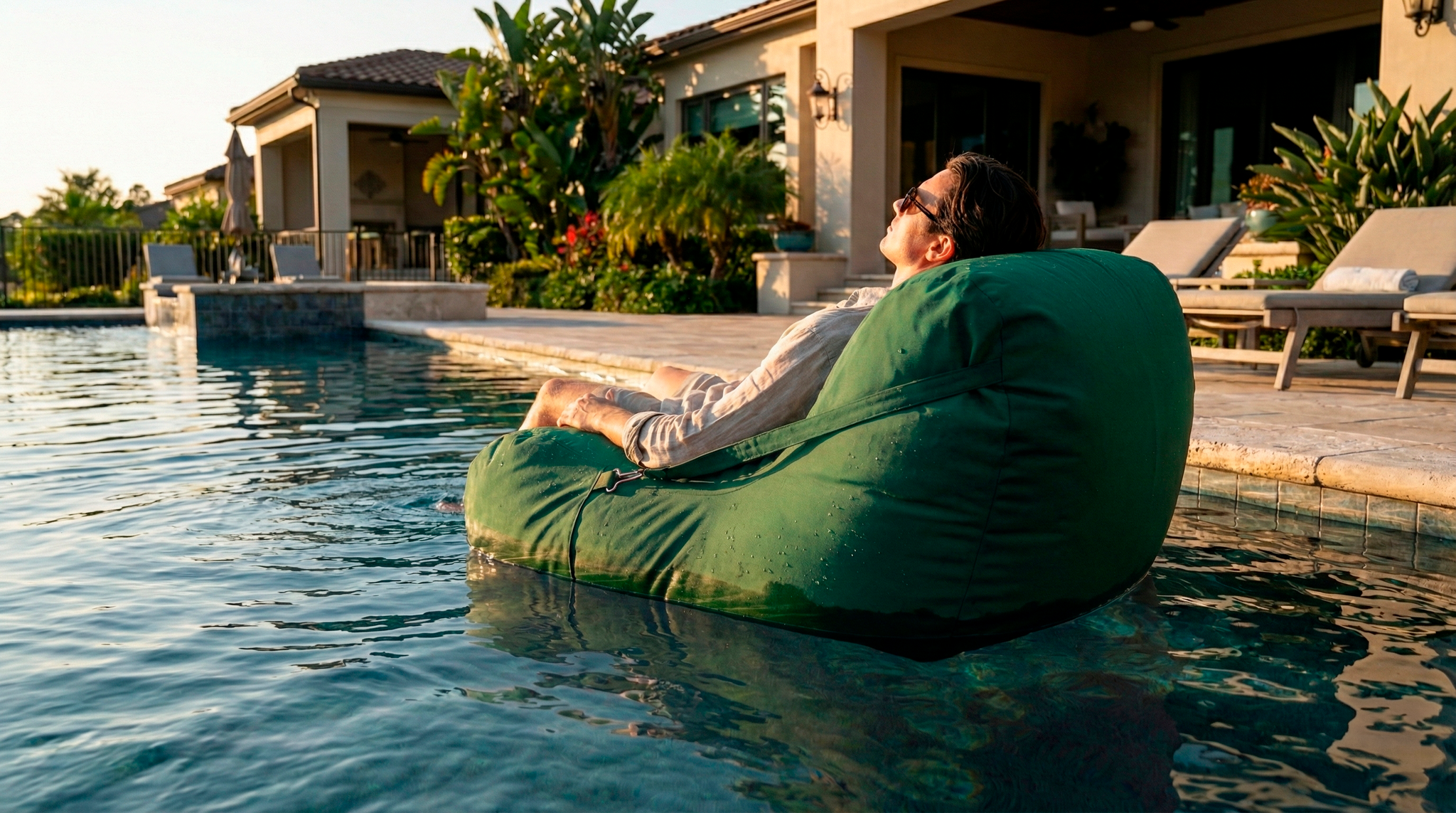 Person lounging on a green bean bag chair by a pool with a house and garden in the background