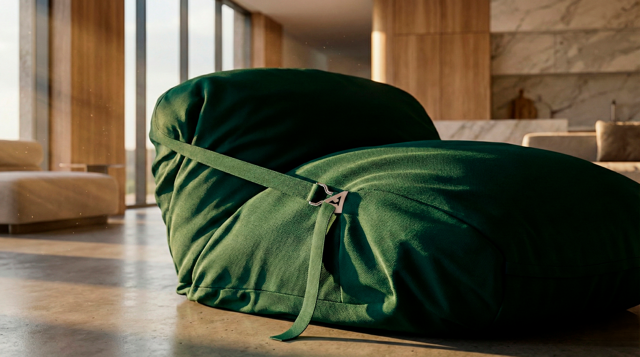 Green bean bag chair in a modern room with large windows and wooden furniture.