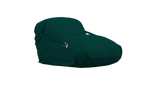 Dark green bean bag chair with a logo on a white background