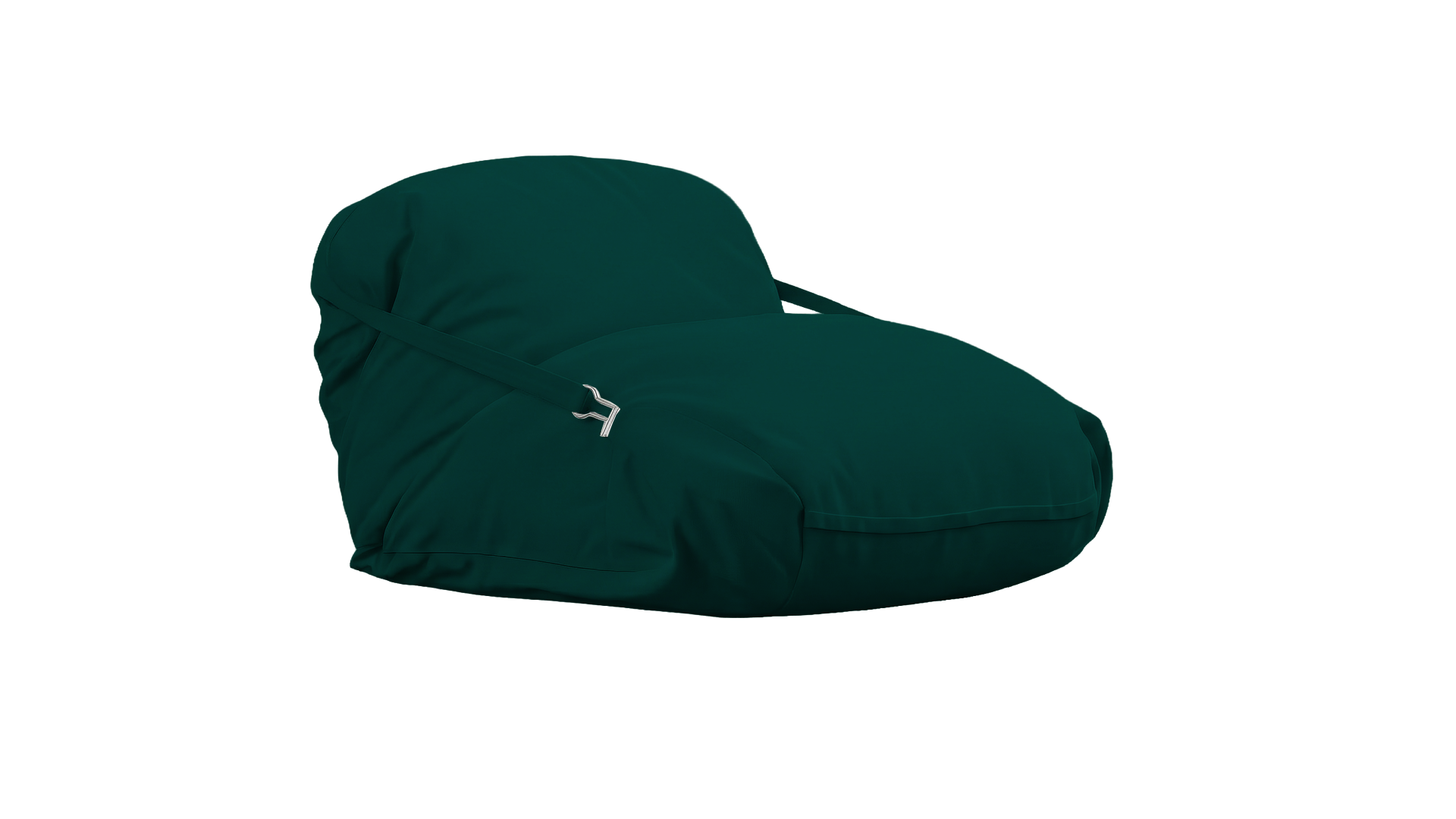 Dark green bean bag chair with a logo on a white background