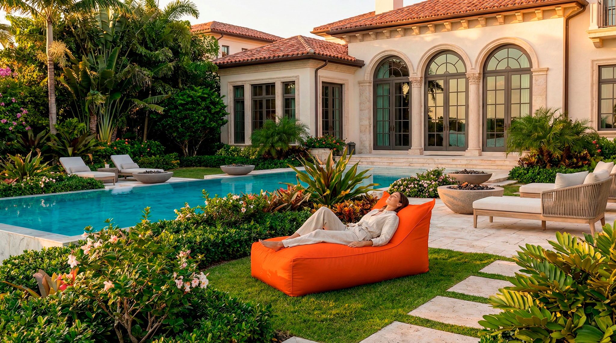 Person lounging on an orange chair by a pool with a luxurious house in the background