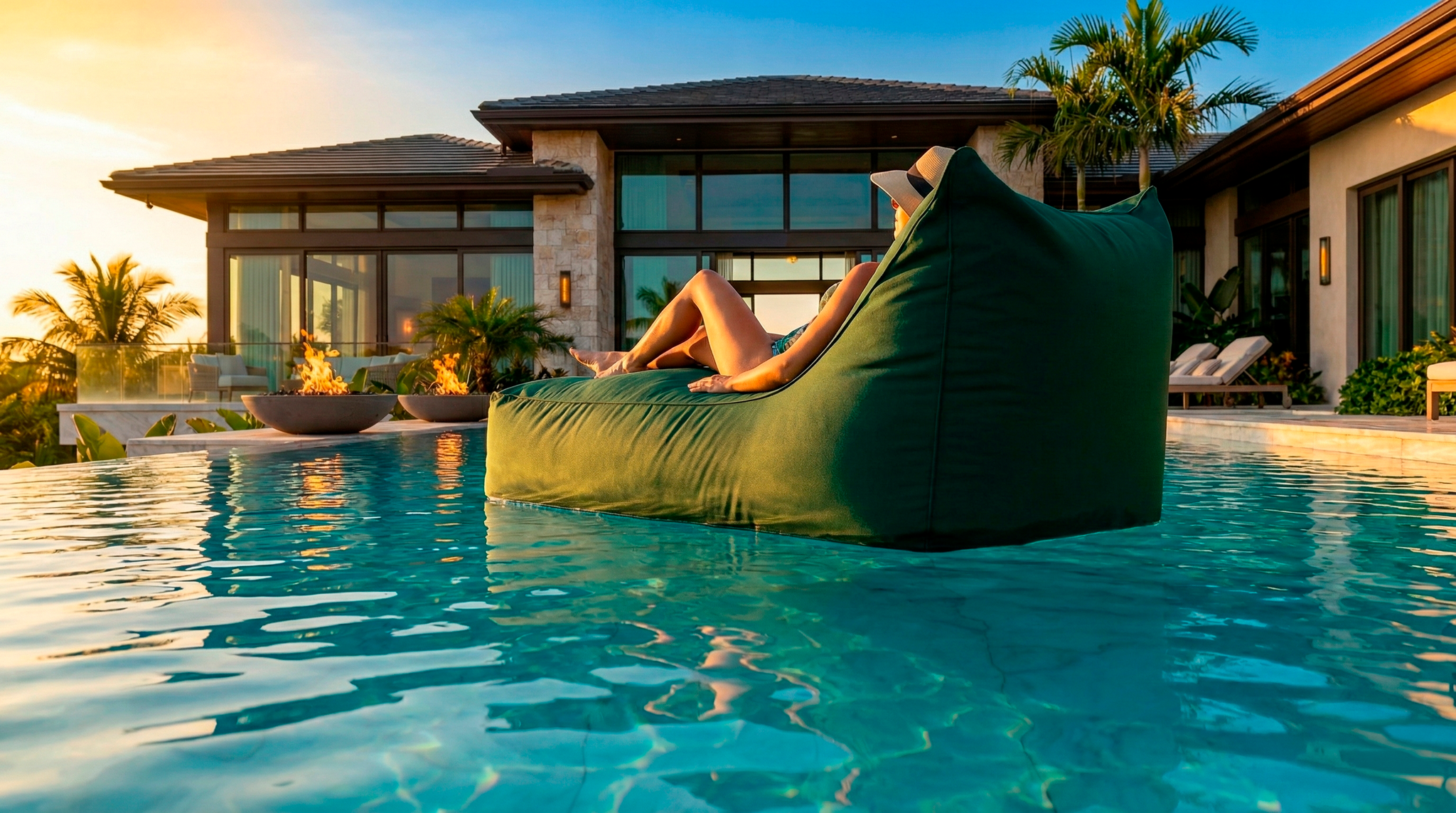 Person lounging on a green inflatable chair by a pool with a house and palm trees in the background.